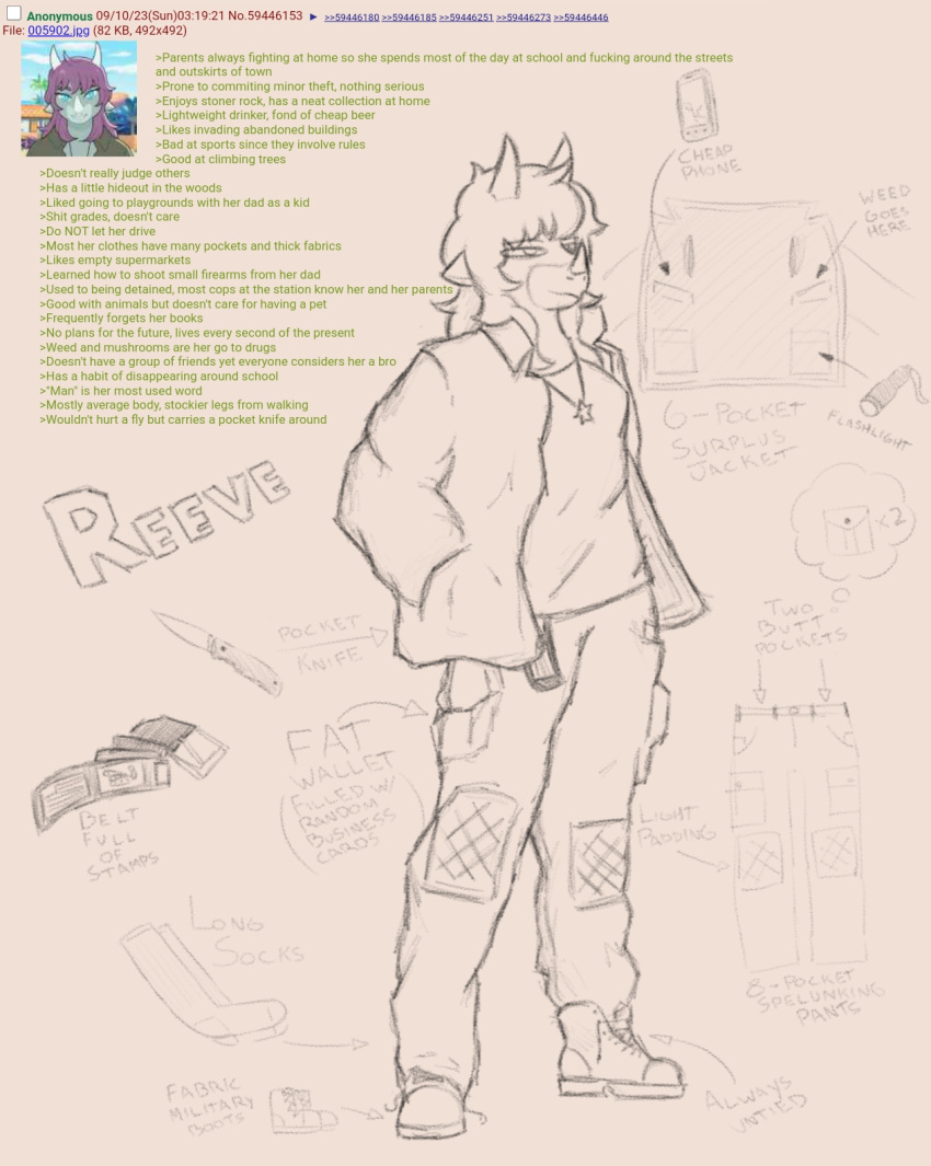 2023 3_horns 4chan anthro black_and_white boots bottomwear clothing coat denim denim_clothing dinosaur english_text female flashlight footwear goodbye_volcano_high hair hand_in_pocket hi_res horn jeans jewelry knife long_hair monochrome multi_horn necklace pants phone pocket_knife pockets profanity reeve_(gvh) reptile scalie snoot_game snout solo text topwear unknown_artist
