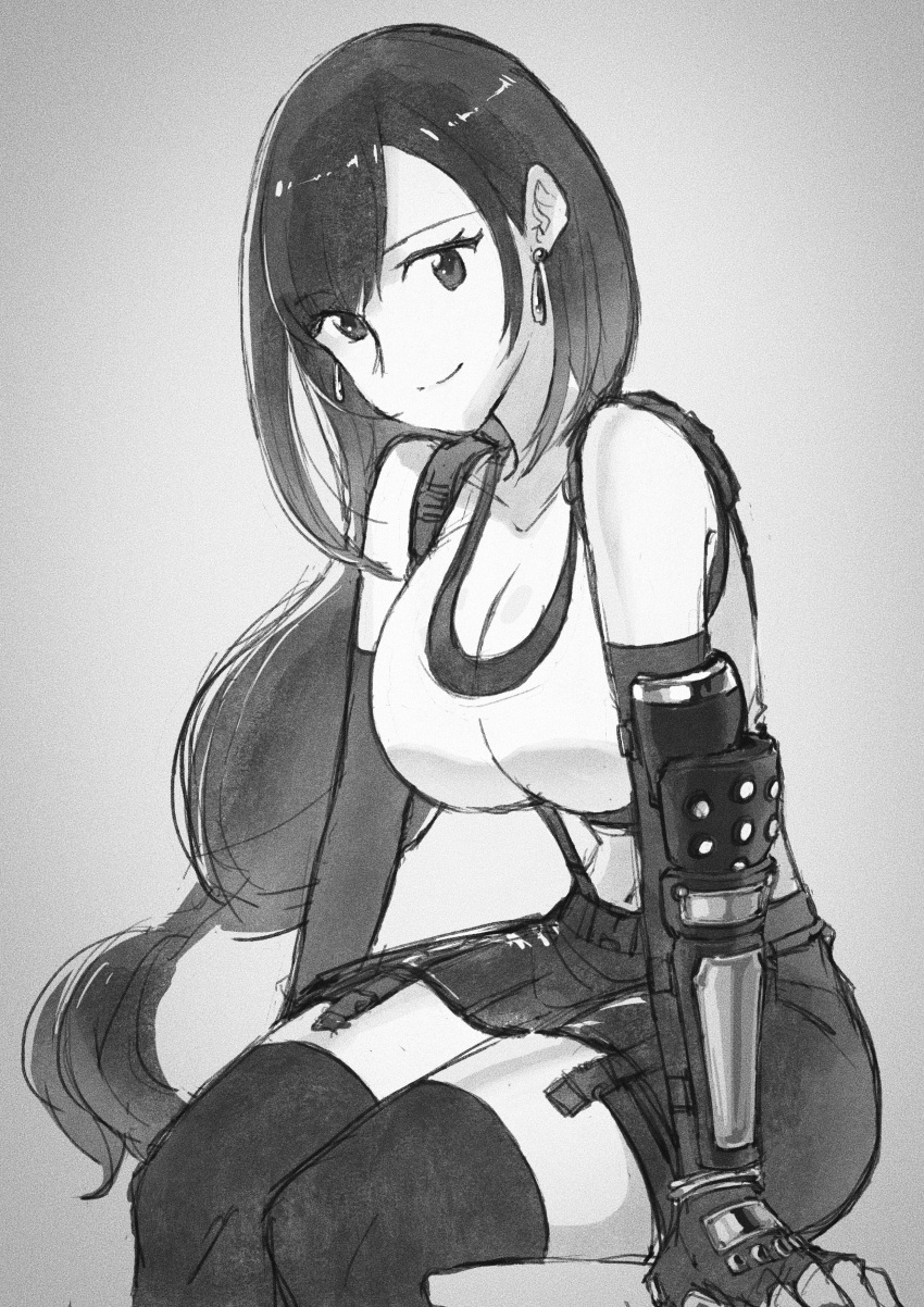 1girl absurdres arm_guards bare_shoulders breasts cleavage closed_mouth collarbone commentary_request crop_top elbow_gloves feet_out_of_frame final_fantasy final_fantasy_vii final_fantasy_vii_remake fingerless_gloves gloves gradient_background greyscale hair_behind_ear highres large_breasts long_hair looking_at_viewer low-tied_long_hair midriff monochrome navel partial_commentary sitting skirt smile solo sports_bra suspender_skirt suspenders swept_bangs tank_top teardrop_earring thighhighs tifa_lockhart yaco_(085) zettai_ryouiki