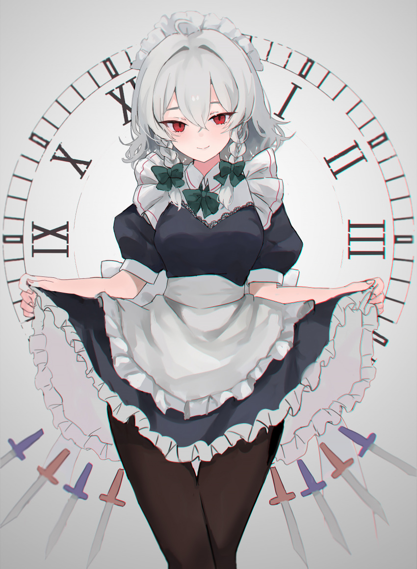 absurdres ahoge apron black_dress black_pantyhose blush bow bowtie braided_sidelock clock_print dress feet_out_of_frame floating floating_object floating_sword floating_weapon frilled_apron frills green_bow green_bowtie grey_hair hair_between_eyes hair_bow highres izayoi_sakuya kani_nyan looking_at_viewer maid maid_headdress pantyhose petticoat puffy_short_sleeves puffy_sleeves red_eyes shirt short_sleeves skirt_hold smile sword touhou waist_apron weapon white_shirt