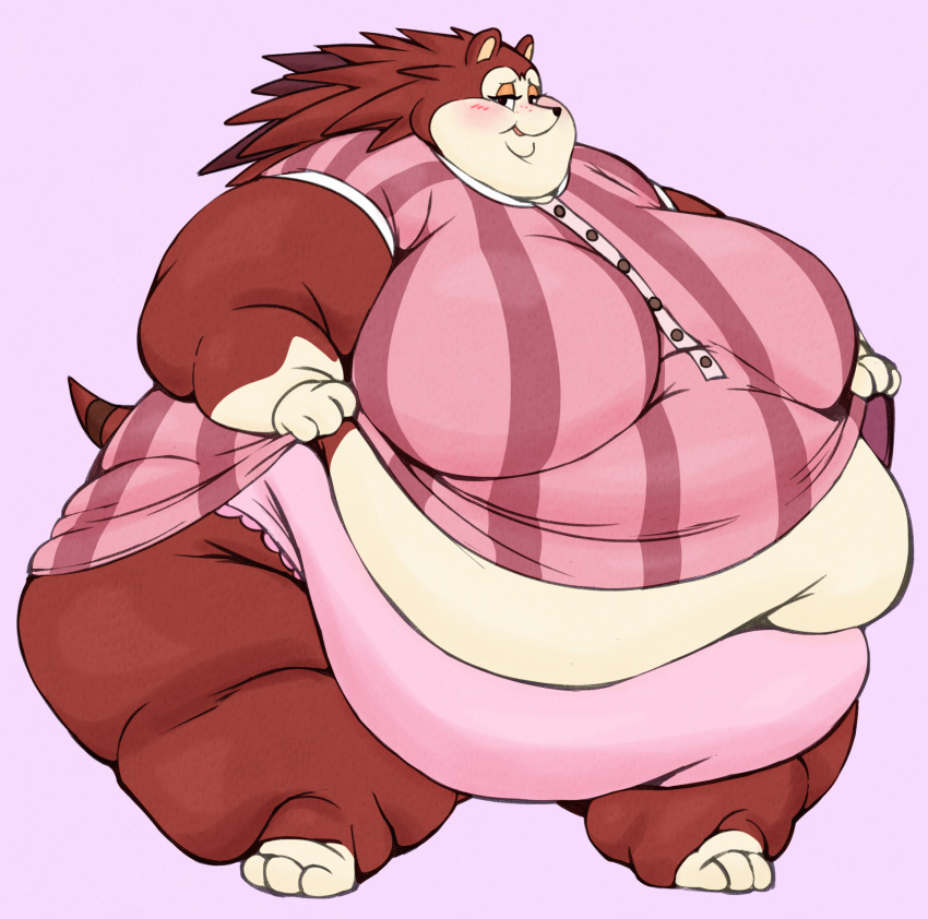 2023 animal_crossing anthro belly_overhang big_breasts blush breast_outline breasts brown_body chubby_cheeks clothed clothing clothing_lift double_chin dress dress_lift eulipotyphlan fat_rolls female full-length_portrait hair hedgehog hi_res huge_belly huge_breasts huge_thighs looking_at_viewer love_handles mammal morbidly_obese morbidly_obese_female narrowed_eyes navel nintendo obese obese_female overweight overweight_female panties pink_clothing portrait sable_able simple_background smile solo spiky_hair standing thick_arms thick_thighs underwear wide_hips wiishyishii