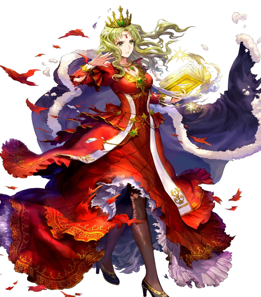 1girl asatani_tomoyo blonde_hair book breasts cape cleavage crown detached_sleeves dress fire_emblem fire_emblem:_the_binding_blade fire_emblem_heroes frills full_body fur_trim gem gold_trim green_eyes guinevere_(fire_emblem) high_heels highres holding holding_book jewelry long_dress long_hair long_sleeves medium_breasts necklace non-web_source official_art open_book pantyhose parted_lips red_dress skirt solo sparkle torn_cape torn_clothes torn_dress torn_pantyhose torn_skirt torn_sleeves transparent_background