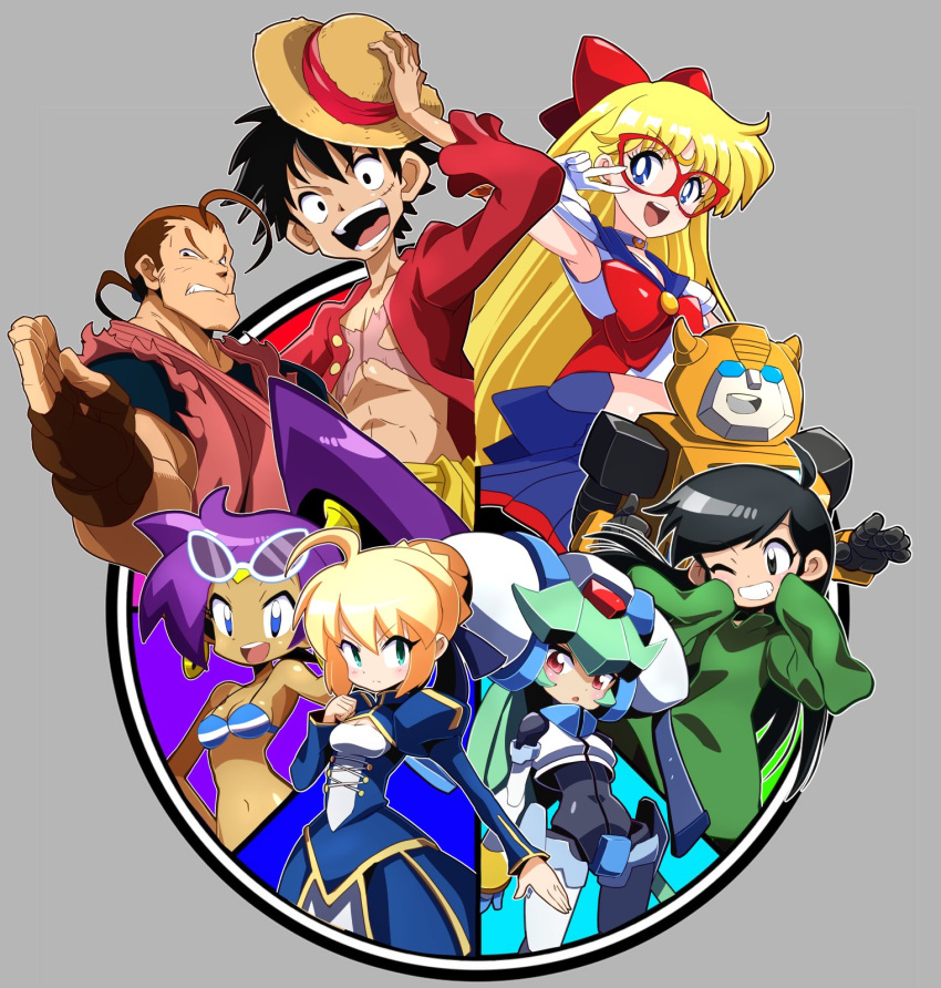 3boys 5girls ahoge android aqua_hair armpits artoria_pendragon_(fate) autobot bikini black_eyes black_hair blonde_hair blue_bikini blue_dress blue_eyes bow braid brown_hair character_request cleavage_cutout clothing_cutout codename_wa_sailor_v color_wheel_challenge dark-skinned_female dark_skin domino_mask dress fate/stay_night fate_(series) gloves green_shirt grey_background hand_up hat hibiki_dan highres juliet_sleeves kuki_sanban long_hair long_sleeves mask mega_man_(series) mega_man_zx monkey_d._luffy multiple_boys multiple_girls muscular muscular_male one_eye_closed one_piece outline pandora_(mega_man) ponytail puffy_sleeves purple_hair red_bow red_eyes red_mask robot saber sailor_v sakurajyousui_nami scar scar_on_chest shantae shantae_(series) shirt short_hair sleeves_past_fingers sleeves_past_wrists street_fighter swimsuit transformers very_long_sleeves white_gloves white_outline