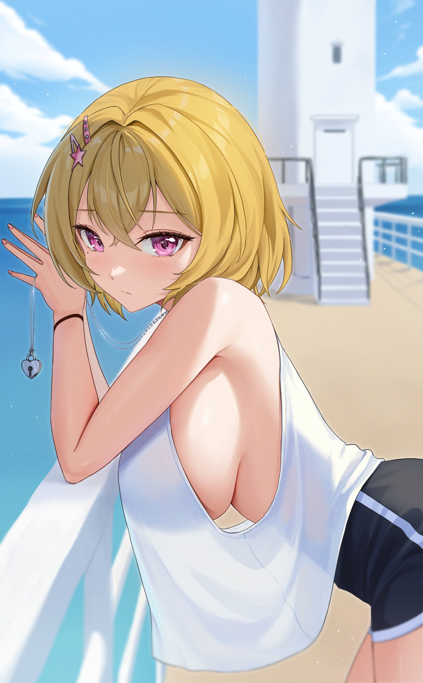 1girl absurdres against_railing bare_shoulders black_shorts blonde_hair blue_sky blush breasts closed_mouth cloud day from_side hair_between_eyes hair_ornament hairclip highres jewelry large_breasts looking_at_viewer mole mole_under_eye necklace original outdoors own_hands_together pink_eyes railing rinrasetsu short_hair shorts sideboob sky sleeveless solo