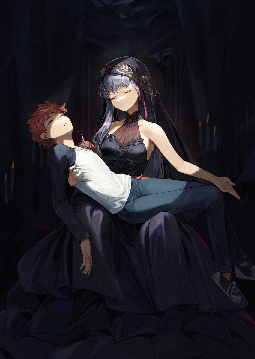 1boy 1girl absurdres bare_shoulders black_dress blade breasts candle closed_eyes cotta_(heleif) dark_sakura denim dress emiya_shirou fate/stay_night fate_(series) fine_art_parody hair_ribbon heaven's_feel highres jeans long_dress long_hair lying matou_sakura medium_breasts outstretched_arm pants parody parted_lips pieta red_hair ribbon shadow shirt shoes short_hair sitting sneakers white_hair