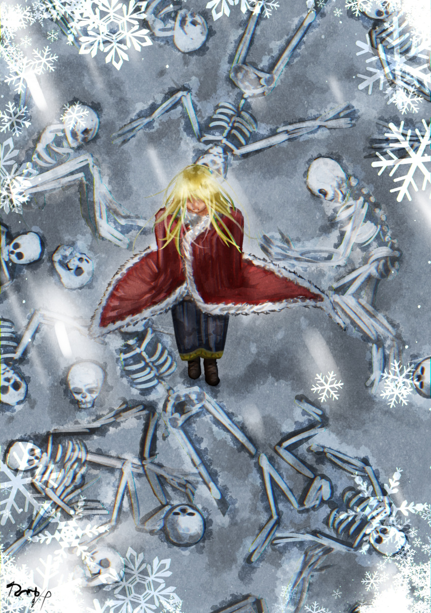 1boy absurdres canute cape fur_trim hair_over_eyes highres long_hair multiple_others outdoors red_cape skeleton snow snowflakes straight_hair user_wfwr8333 viking vinland_saga winter