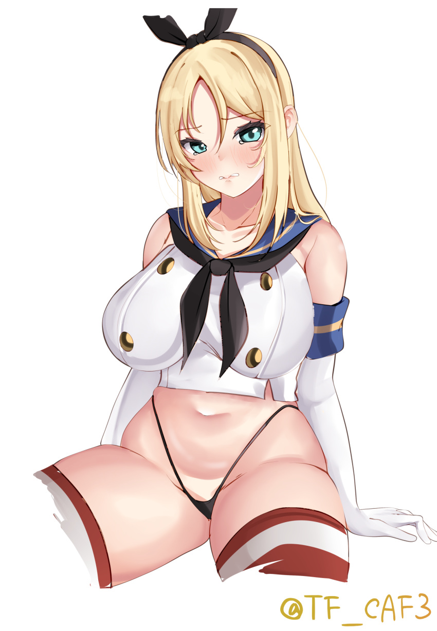 1girl black_hairband black_neckerchief black_panties blonde_hair blue_eyes blue_sailor_collar breasts cosplay cowboy_shot crop_top elbow_gloves gloves hairband highleg highleg_panties highres kantai_collection large_breasts long_hair looking_at_viewer miniskirt neckerchief nelson_(kancolle) no_pants one-hour_drawing_challenge panties sailor_collar shimakaze_(kancolle) shimakaze_(kancolle)_(cosplay) shirt simple_background sitting skirt sleeveless sleeveless_shirt solo striped striped_thighhighs tf_cafe thighhighs twitter_username underwear white_background white_gloves