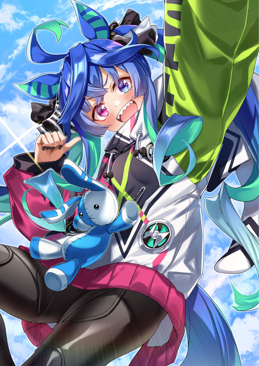 1girl absurdres ahoge animal_ears arm_up bangs black_hair black_nails blue_eyes blue_hair blush bodysuit breasts cloud crossed_bangs diffraction_spikes feet_out_of_frame hachiroku_(hatirokusann86) highres hood hood_down hoodie horse_ears horse_girl horse_tail long_hair long_sleeves looking_at_viewer open_mouth outdoors outstretched_arm pointing pointing_at_self purple_eyes sharp_teeth small_breasts smile solo stuffed_animal stuffed_rabbit stuffed_toy tail teeth twin_turbo_(umamusume) twintails umamusume