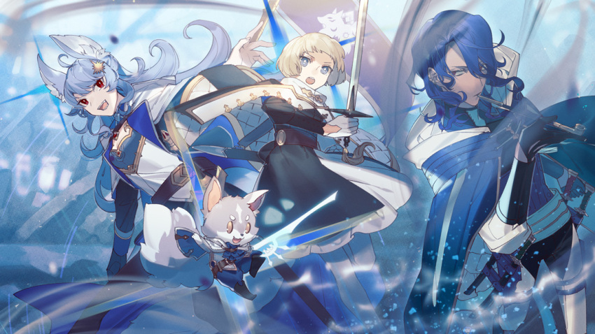 1boy 2girls :d :o blonde_hair blue_eyes blue_hair cape flag furry giselle_(pixiv_fantasia_last_saga) gloves guivre_constellation hair_over_one_eye holding holding_sword holding_weapon kiseru long_hair multiple_girls pixiv_fantasia pixiv_fantasia_last_saga red_eyes rezia smile smoking_pipe sword vitnir_flor weapon white_gloves yellow_eyes