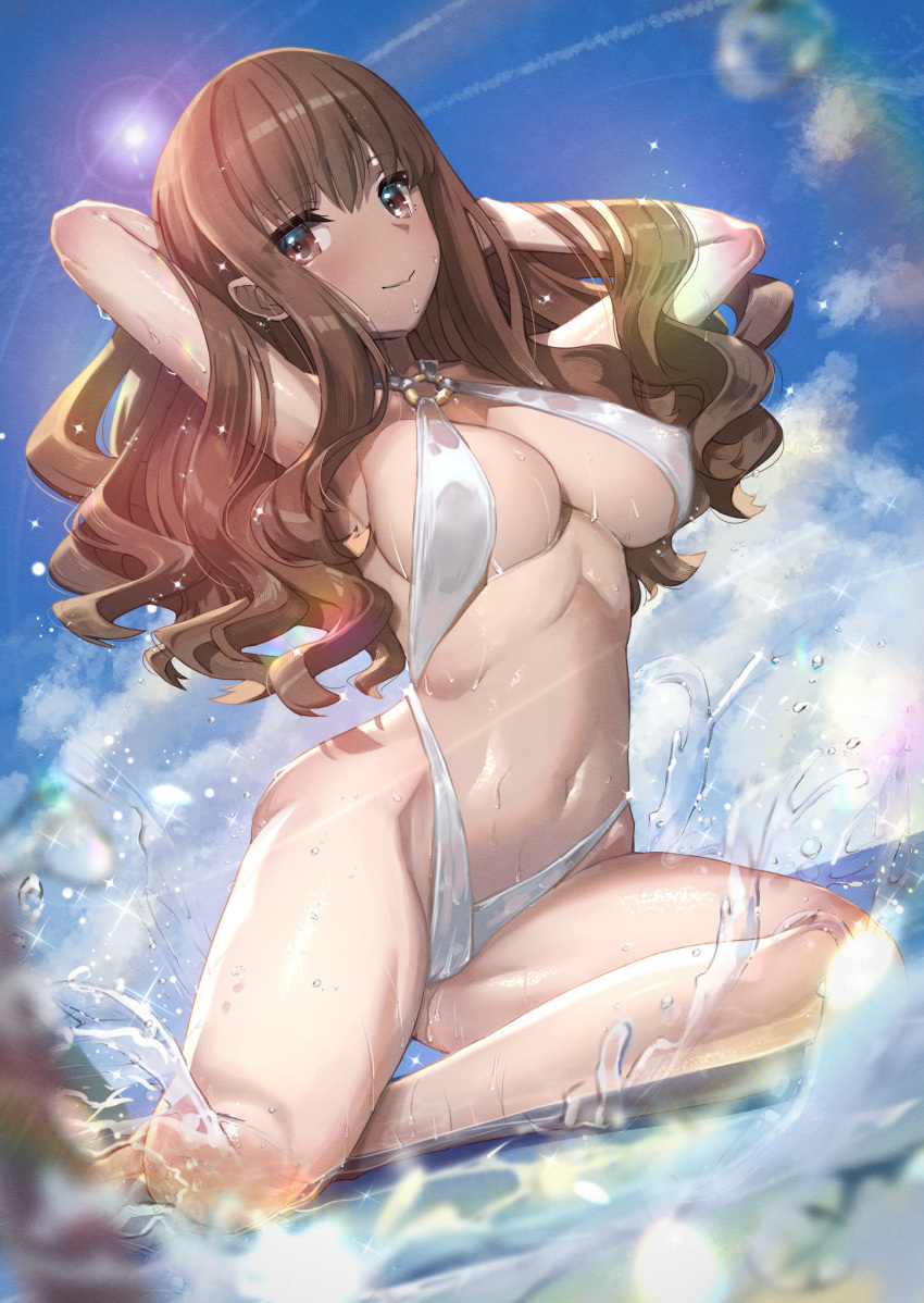 1girl arms_behind_head blue_sky breasts brown_eyes brown_hair cloud commission covered_navel day fate/extella fate/extra fate/extra_ccc fate_(series) highres ichihachiyon kishinami_hakuno_(female) large_breasts long_hair o-ring o-ring_swimsuit one-piece_swimsuit outdoors pixiv_commission sidelocks sky slingshot_swimsuit solo splashing swimsuit water white_one-piece_swimsuit