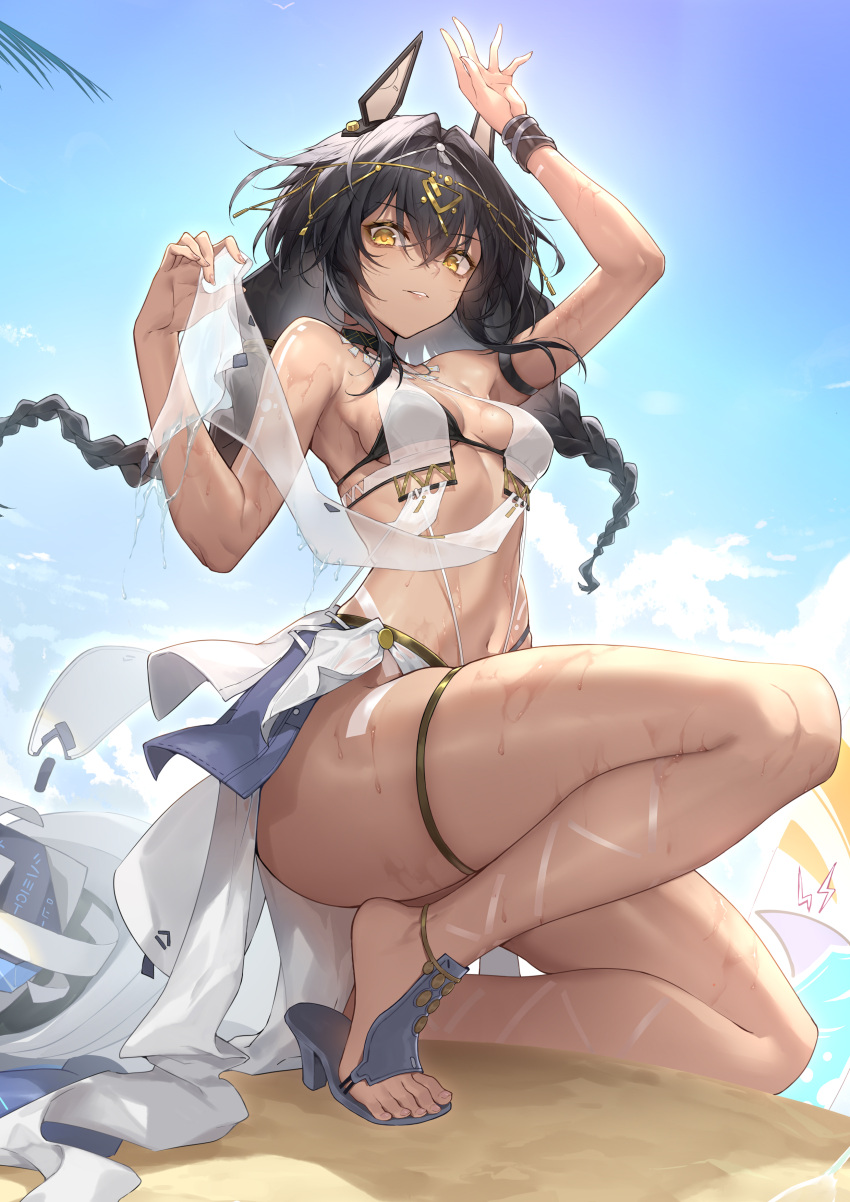 1girl absurdres animal_ears armband bikini black_bikini blue_sky braid breasts character_request fake_animal_ears gold_hairband hair_between_eyes hairband high_heels highres long_hair mole mole_under_eye navel sand sandals see-through shanyao_jiang_tororo skindentation sky snowbreak:_containment_zone solo squatting swimsuit swimsuit_cover-up thigh_strap thighs twin_braids wet