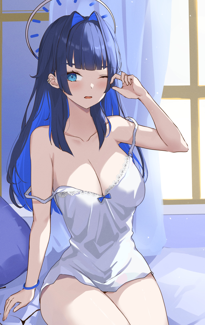 1girl ;o absurdres black_hair blue_eyes blue_hair breasts camisole collarbone colored_inner_hair hair_intakes halo hand_up highres hololive hololive_english lace_trim large_breasts long_hair mechanical_halo multicolored_hair one_eye_closed ouro_kronii shirt sitting solo strap_slip thighs two-tone_hair udonpan very_long_hair white_shirt window