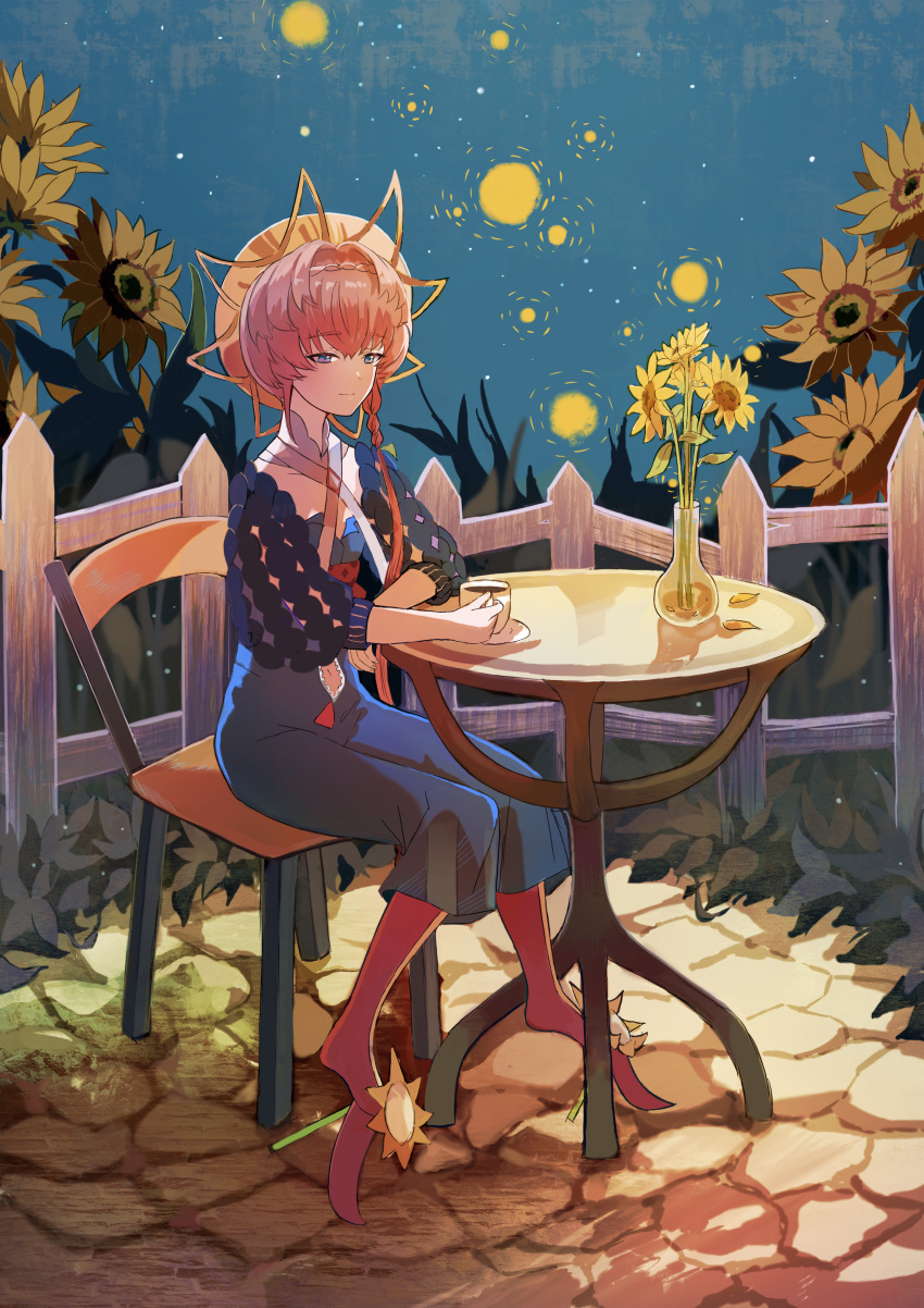 1girl absurdres belt black_sleeves blue_eyes blue_overalls braid brown_hair chair clothing_cutout crown_braid cup expressionless fate/grand_order fate_(series) fence field flat_chest floral_print flower flower_field highres holding holding_cup leggings navel navel_cutout orange_headwear overalls puffy_short_sleeves puffy_sleeves red_leggings short_sleeves side_braid sitting solo striped striped_headwear sunflower sunflower_field sunflower_petals sunflower_print table van_gogh_(fate) vega00211 vincent_van_gogh_(style) zipper_pull_tab