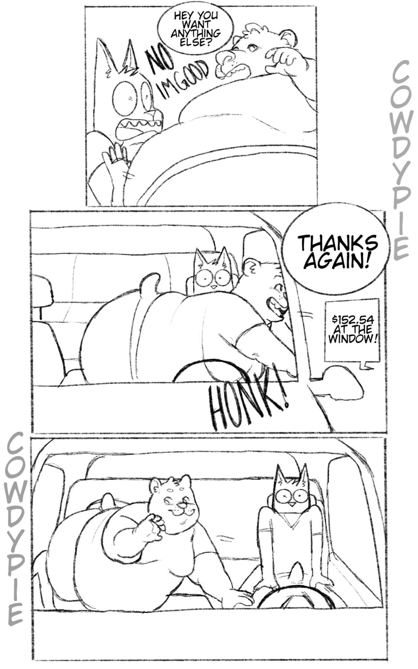 anthro bear belly big_belly car clothed clothing cowdypie domestic_cat drive-thru duo erection erection_under_clothing felid feline felis hi_res honk klaus_(cowdypie) male mammal moobs obese obese_anthro obese_male open_mouth ordering_food overweight overweight_anthro overweight_male remi_(cowdypie) smile teeth vehicle