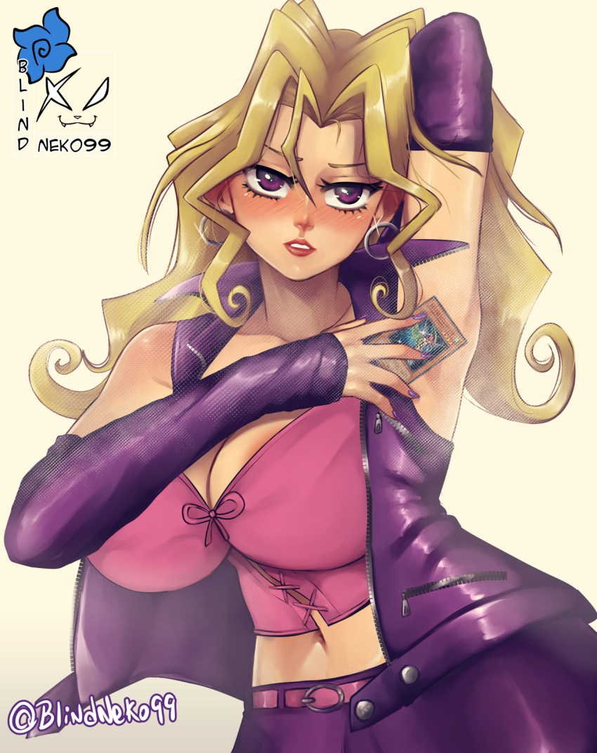 1girl arm_behind_head artist_name belt blindhunter99 blonde_hair blush breasts card cleavage detached_sleeves hair_between_eyes harpie_lady highres holding holding_card kujaku_mai large_breasts long_hair looking_at_viewer midriff navel parted_lips pink_belt pink_corset purple_eyes purple_skirt purple_sleeves purple_vest shadow skirt solo upper_body vest yellow_background yu-gi-oh! yu-gi-oh!_duel_monsters