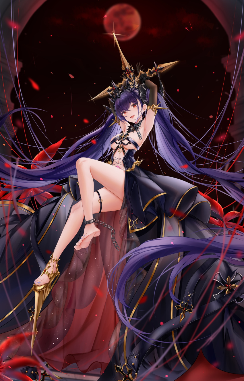 1girl absurdly_long_hair alternate_breast_size areola_slip armpits arms_behind_head azur_lane black_dress black_gloves blue_hair bound bound_wrists breast_strap breasts chinese_commentary commentary_request cross dress elbow_gloves falling_petals fang feet felix_schultz_(azur_lane) flower fog full_body full_moon gloves gold_footwear high_heels highres iue_(artist) large_breasts long_hair moon nail_polish navel night o-ring o-ring_thigh_strap open_clothes open_dress open_mouth petals pubic_tattoo purple_nails red_eyes red_moon single_ankle_cuff single_barefoot smile solo spider_lily stomach tattoo thigh_strap toenail_polish toenails toes very_long_hair wrist_cuffs