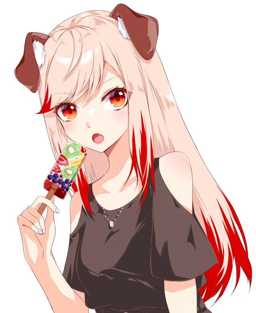 1girl :o absurdres animal_ears black_shirt blonde_hair blush breasts chukachuka clothing_cutout commentary_request dog_ears dog_girl fangs fingernails food fruit fruit_popsicle highres holding holding_food holding_popsicle jewelry kiwi_(fruit) long_hair looking_at_viewer medium_bangs medium_breasts multicolored_hair nanashi_inc. necklace open_mouth orange_eyes popsicle red_hair seshima_rui shirt short_sleeves shoulder_cutout simple_background solo streaked_hair transparent_background two-tone_hair upper_body virtual_youtuber