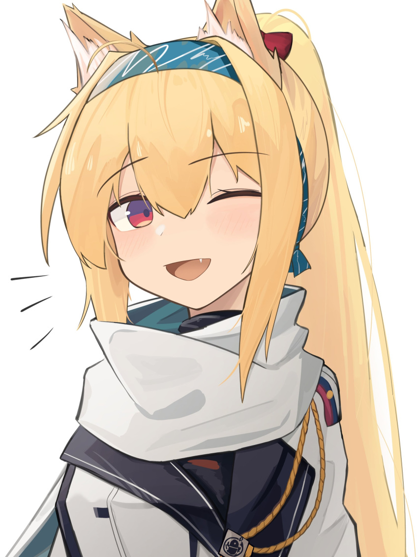 1girl ;d absurdres ahoge animal_ear_fluff animal_ears blonde_hair blue_hairband commentary english_commentary fang gamryous girls'_frontline hair_between_eyes hairband highres jacket kemonomimi_mode long_hair looking_at_viewer notice_lines one_eye_closed red_eyes scarf simple_background smile solo sv-98_(girls'_frontline) upper_body white_background white_jacket white_scarf