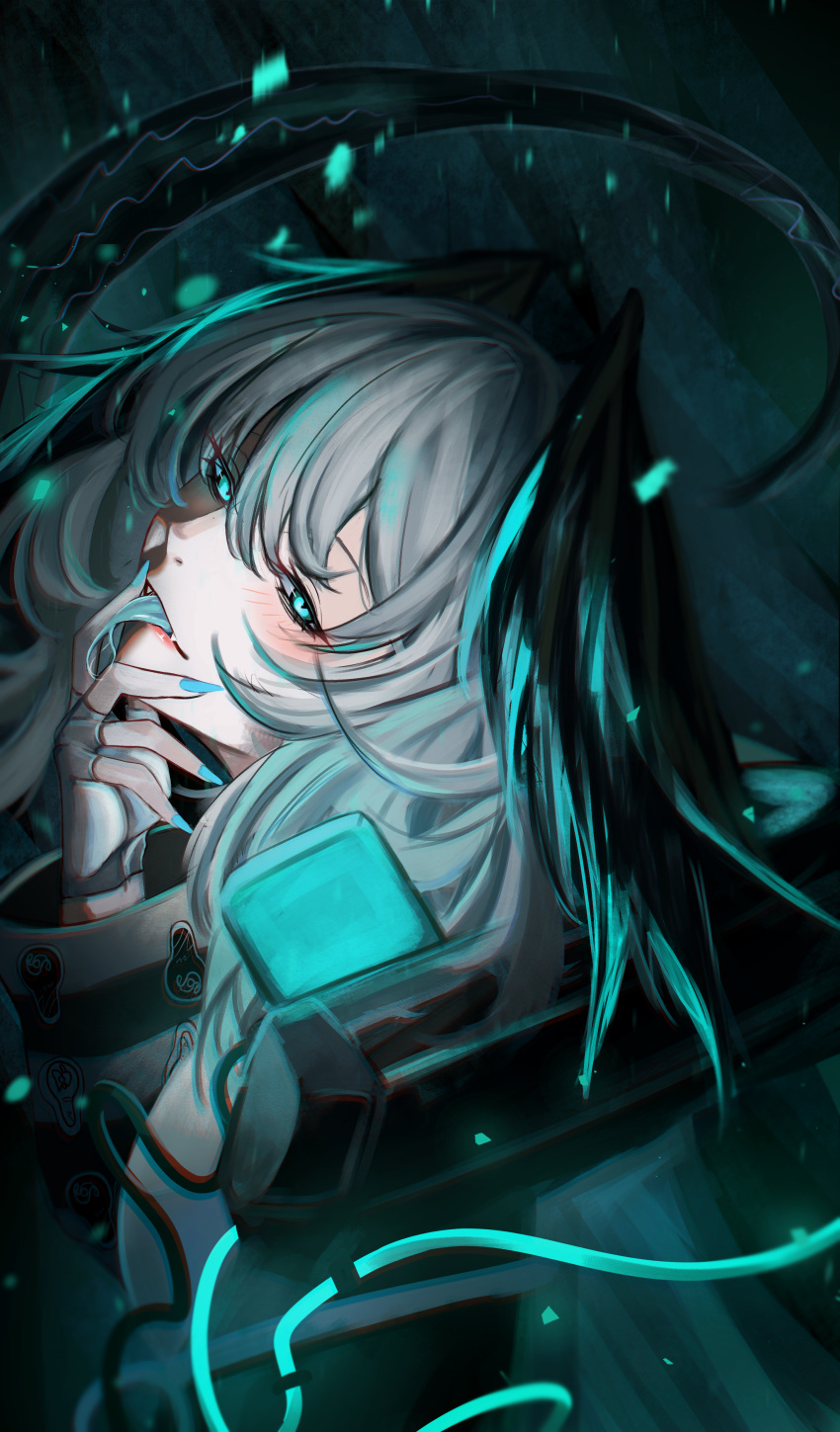 1girl absurdres aqua_eyes arknights blue_nails blue_tongue blush colored_tongue dark_background fangs fingerless_gloves fingernails forked_tongue from_above gloves glowing glowing_eyes grey_hair hand_on_own_chin head_wings higeji_(higeji404) highres ho'olheyak_(arknights) long_fingernails long_hair looking_at_viewer looking_to_the_side snake_tail solo tail tongue tongue_out white_gloves wide_sleeves wings