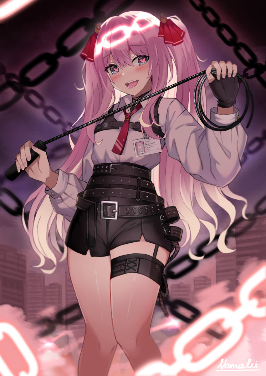 1girl absurdres artist_name belt black_belt black_choker black_gloves black_shorts blush breasts chain choker cityscape collared_shirt colored_inner_hair dominatrix fingerless_gloves gloves goddess_of_victory:_nikke gradient_hair hair_ribbon heart heart-shaped_pupils high-waist_shorts highres holding holding_whip id_card long_hair long_sleeves mole mole_under_mouth multicolored_hair namakisama necktie open_mouth pink_hair purple_eyes red_necktie red_ribbon ribbon shirt shirt_tucked_in short_necktie shorts sidelocks single_glove small_breasts smile solo symbol-shaped_pupils teeth thigh_strap thighs upper_teeth_only white_hair white_shirt yuni_(nikke)