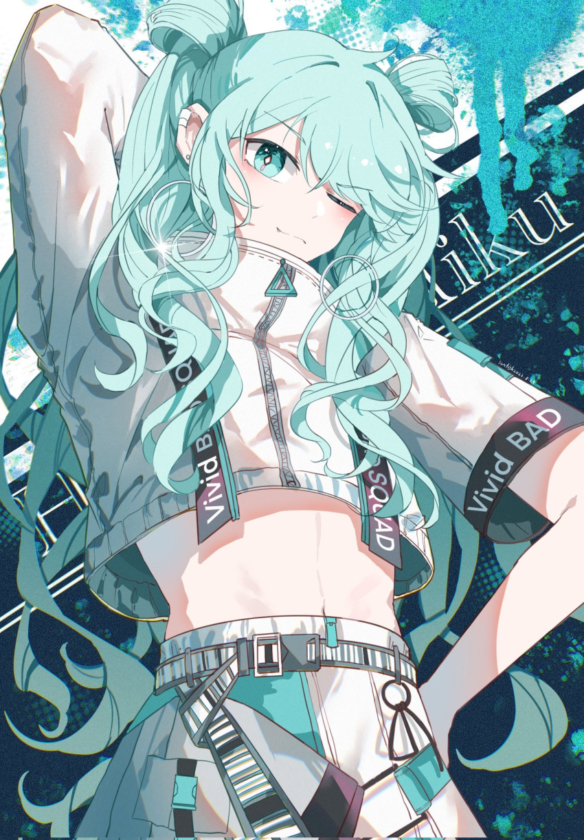 1girl aqua_eyes aqua_hair blush character_name closed_mouth crop_top double_bun group_name hair_bun hatsune_miku highres long_hair midriff one_eye_closed project_sekai shirt short_sleeves shorts solo sunfish3939 twintails vivid_bad_squad_miku white_shirt white_shorts