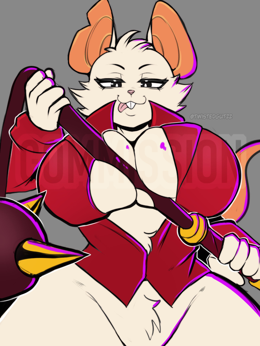 absurd_res anthro bedroom_eyes big_breasts bite black_ears breasts buckteeth cleavage clothed clothing female flail fur hi_res holding_object holding_weapon huge_breasts jacket mammal melee_weapon mina_(mina_the_hollower) mina_the_hollower murid murine narrowed_eyes naughty_face raised_tail rat red_clothing red_jacket red_topwear rodent seductive solo tail teeth tongue tongue_bite tongue_out topwear twistedgutzz weapon white_body white_fur wide_hips yacht_club_games