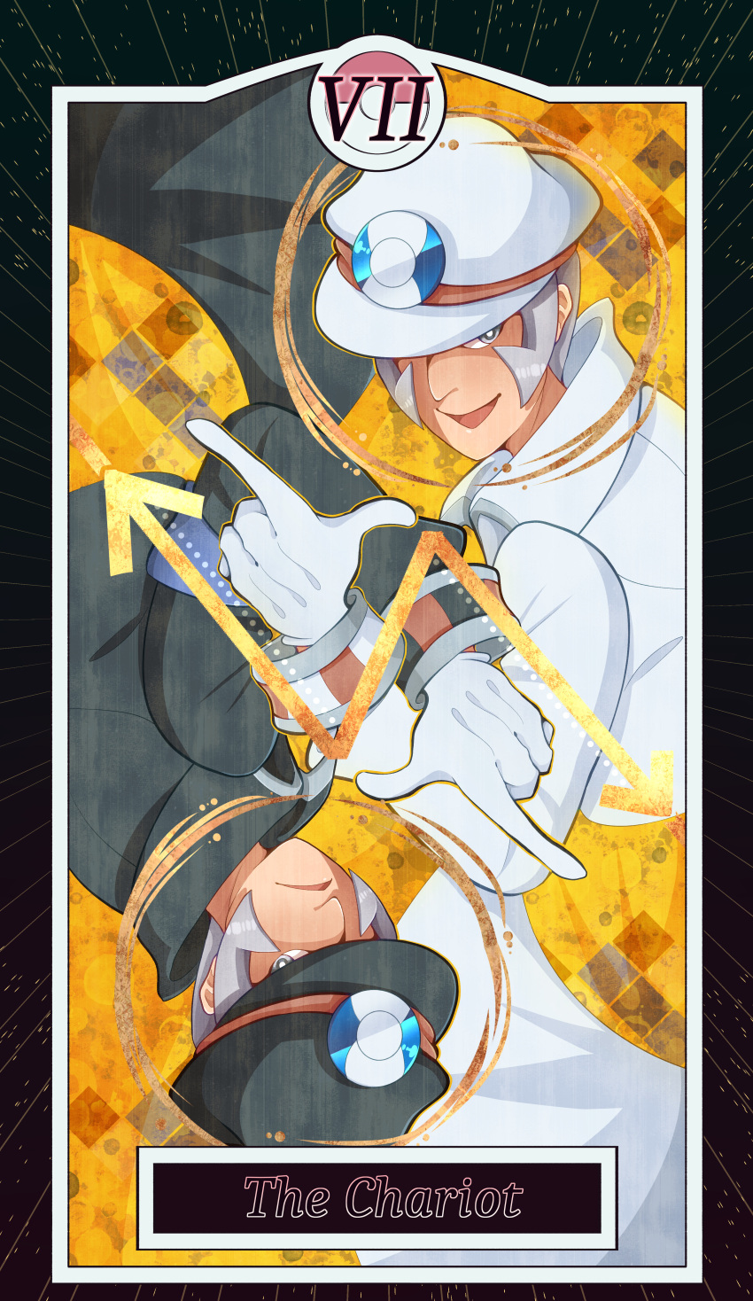 2boys absurdres black_headwear black_jacket blueberryblanket emmet_(pokemon) english_commentary english_text grey_hair highres ingo_(pokemon) jacket multiple_boys pokemon shirt tarot the_chariot_(tarot) white_hair white_headwear white_shirt