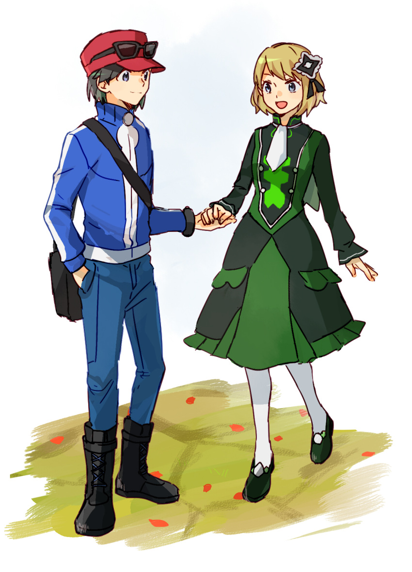 1boy 1girl ascot black_footwear black_hair blonde_hair blue_jacket boots calem_(pokemon) dress eyewear_on_headwear full_body green_dress hand_in_pocket highres hinata_(ryohinata) holding_hands jacket looking_at_another mega_ring official_alternate_costume open_mouth pokemon pokemon_(game) pokemon_masters_ex pokemon_xy red_headwear serena_(pokemon) serena_(sygna_suit)_(pokemon) simple_background smile sunglasses white_background