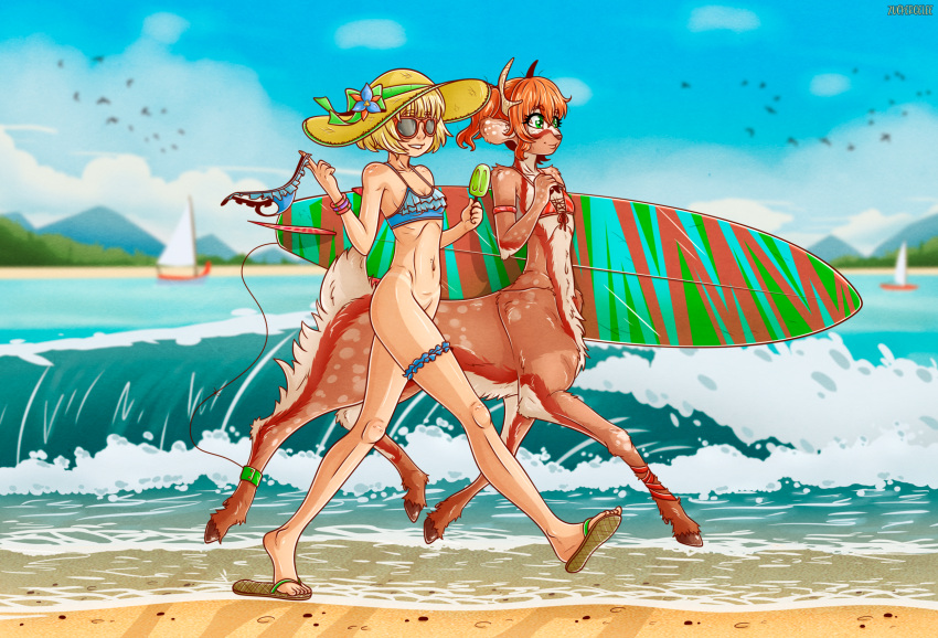 2023 antlers aurora_moray_(zuckergelee) beach bottomless cervine cervine_taur clothed clothing deer deer_taur dessert duo eyewear female female/female food fur hat headgear headwear hi_res hooves horn human ice_cream mammal mammal_taur panties scut_tail seaside short_tail spots spotted_body spotted_fur straw_hat sunglasses surfboard swimwear tail taur teenager twintails_(hairstyle) underwear varvara_shy_(zuckergelee) wave young zuckergelee