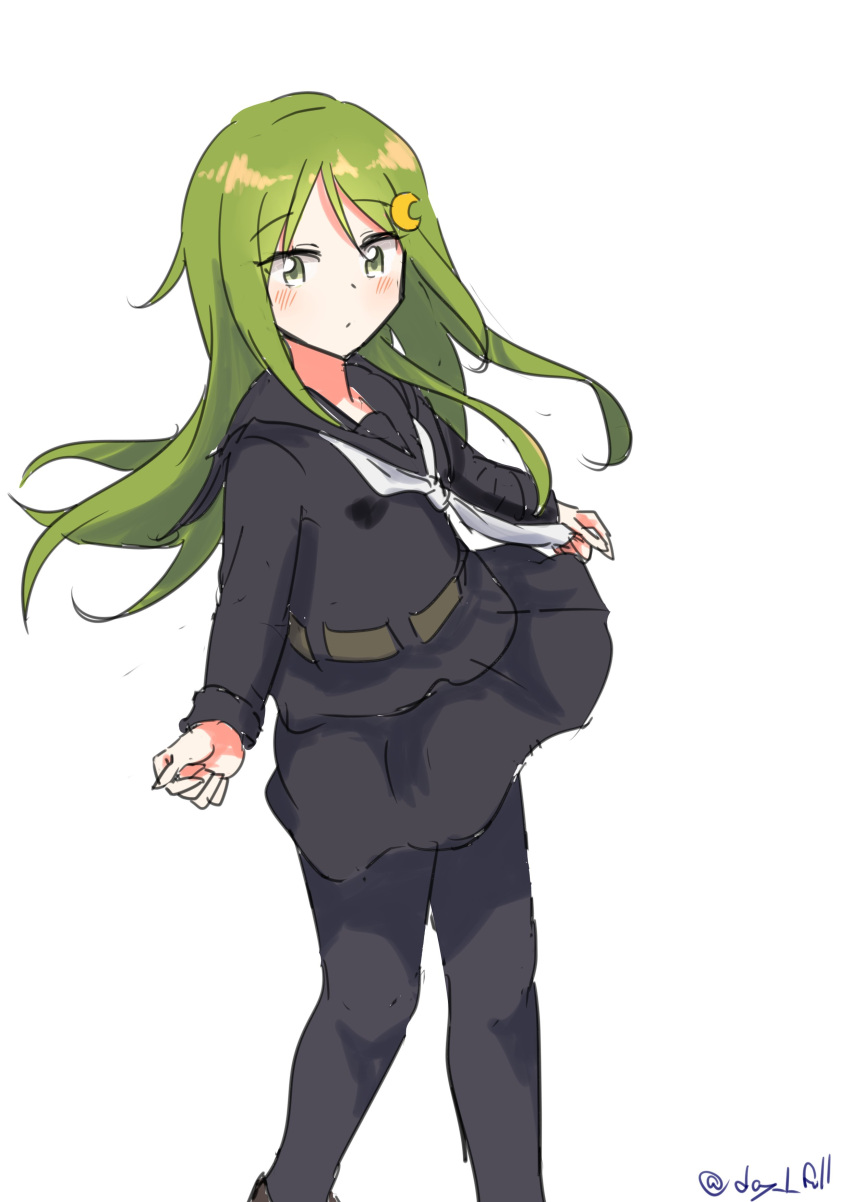 1girl absurdres black_pantyhose black_sailor_collar black_serafuku black_shirt crescent crescent_hair_ornament feet_out_of_frame green_eyes green_hair hair_ornament highres kantai_collection long_hair nagatsuki_(kancolle) neckerchief one-hour_drawing_challenge pantyhose robinson_(day_l_full) sailor_collar sailor_shirt school_uniform serafuku shirt simple_background solo white_background white_neckerchief