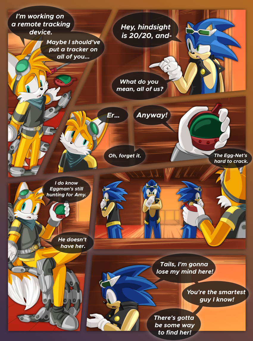 2023 absurd_res anthro breech_loader canid canine clothing comic cybernetics detailed_background dialogue duo english_text eulipotyphlan eyewear eyewear_on_head fox goggles hedgehog hi_res inside jacket machine male mammal miles_prower pronounced_browridge sega sonic_the_hedgehog sonic_the_hedgehog_(series) sound_effects speech_bubble sunglasses sunglasses_on_head text topwear toso