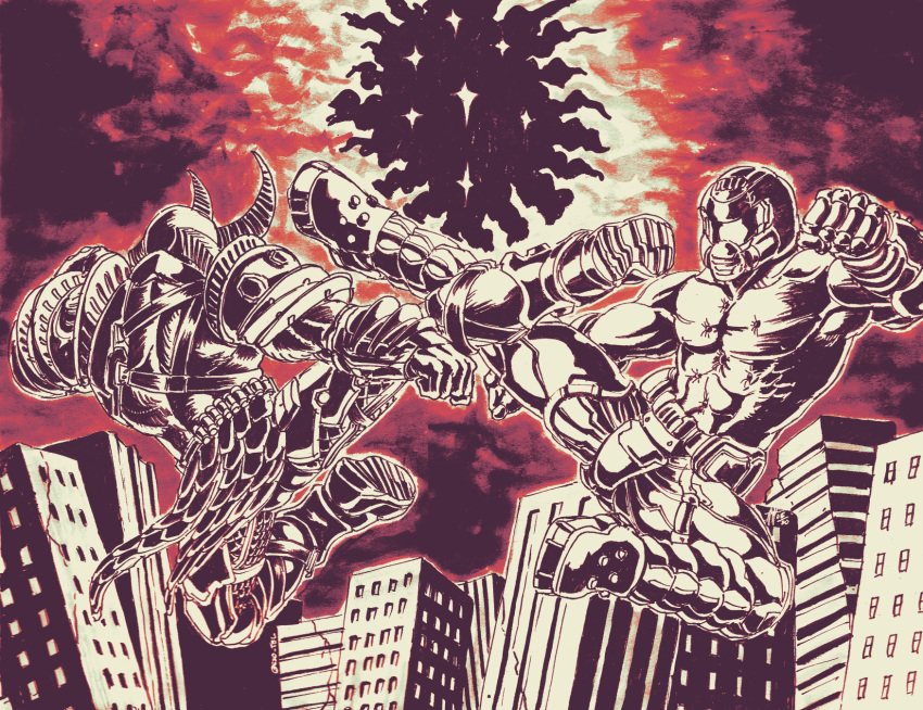 2boys assault_visor boots building cityscape clenched_hands doom_(series) doom_eternal doomguy duel fighting flying_kick helmet highres hokuto_no_ken horns kicking leg_armor marauder_(doom_eternal) midair multiple_boys muscular parody red_sky ruins scar shoulder_pads sky skyscraper substance20 topless_male