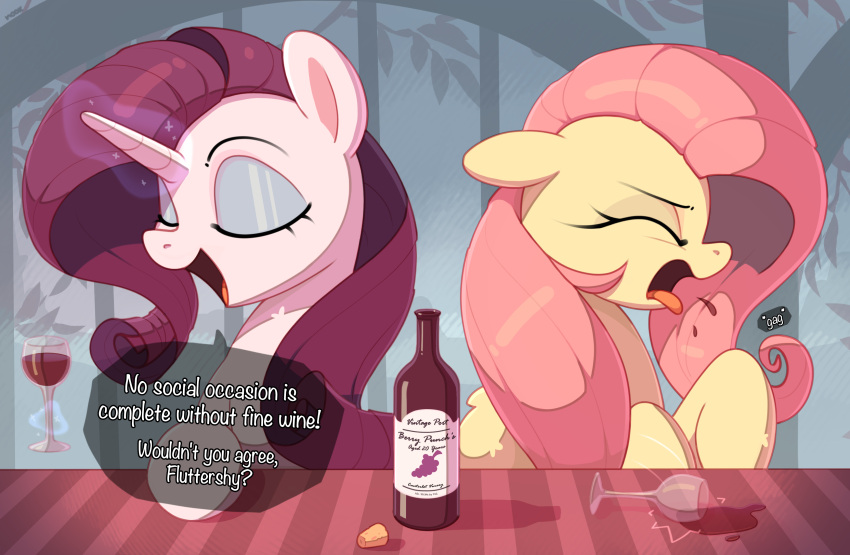 absurd_res alcohol beverage duo english_text equid equine eyebrows eyelashes eyes_closed eyeshadow female feral fluttershy_(mlp) friendship_is_magic fur hair hasbro hi_res hooves horn makeup mammal my_little_pony nookprint open_mouth pegasus pink_hair purple_hair rarity_(mlp) speech_bubble text tongue tongue_out unicorn unicorn_horn white_body white_fur wine wings yellow_body yellow_fur