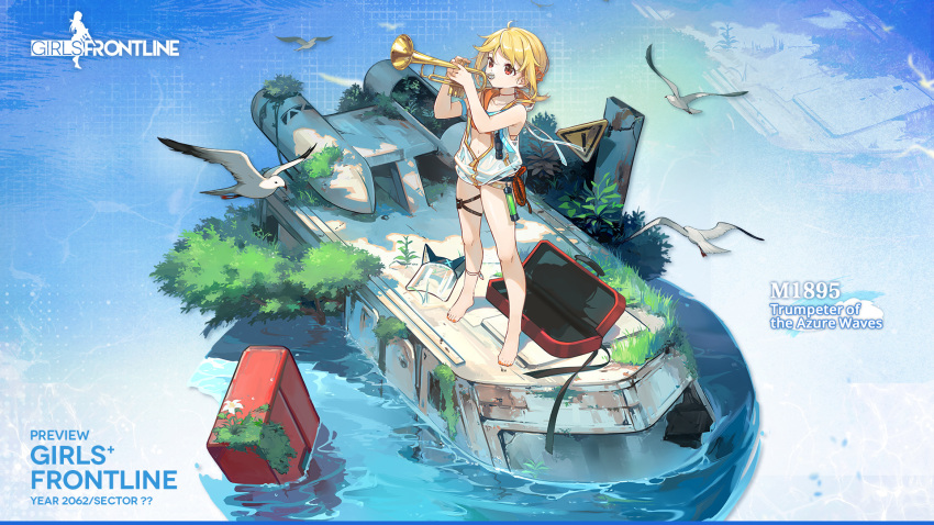 1girl ahoge ankle_ribbon armband barefoot bikini bird blonde_hair blue_armband blue_background broken_glass commentary english_commentary english_text feet flower flower_request foliage full_body girls'_frontline glass grass highres holding_trumpet instrument instrument_case kinoshita_neko leg_ribbon mask music nagant_revolver_(girls'_frontline) nagant_revolver_(trumpeter_of_the_azure_waves)_(girls'_frontline) nature navel neck_ribbon object_request official_alternate_costume official_art orange_bikini orange_nails partially_immersed partially_unzipped playing_instrument red_eyes ribbon rope scope seagull second-party_source see-through_mask see-through_vest shadow short_hair_with_long_locks sign simple_background solo standing swimsuit thigh_strap toenails toes transparent_background trumpet unworn_mask vehicle_request warning_sign water white_bird white_flower wreckage zipper