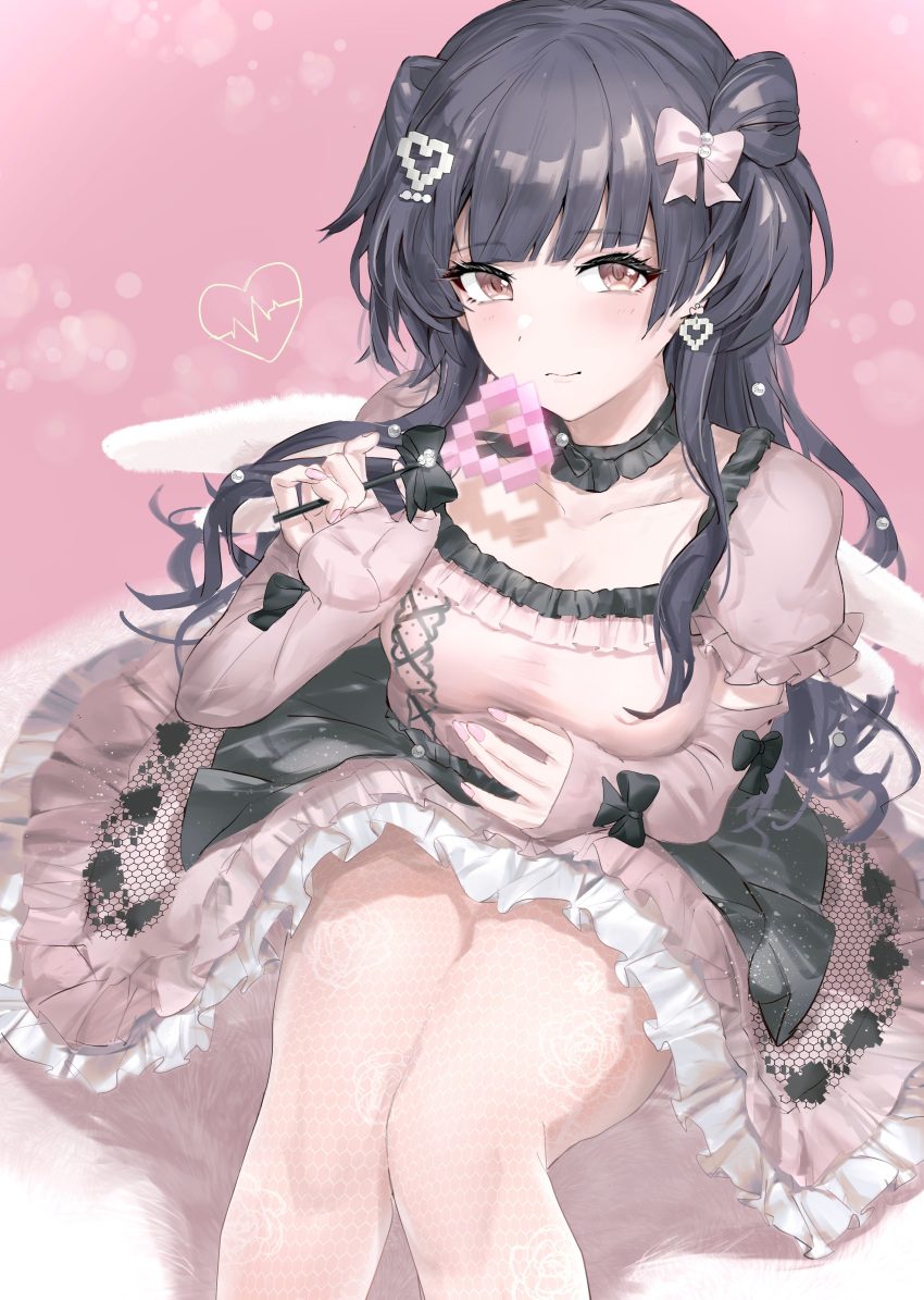 1girl absurdres black_hair blush breasts choker collarbone detached_sleeves dress feet_out_of_frame fingernails frilled_choker frilled_dress frilled_sleeves frills highres honeycomb_(pattern) idolmaster idolmaster_cinderella_girls light_smile looking_at_viewer mayuzumi_fuyuko medium_breasts nail_polish pantyhose patterned_clothing petticoat pixel_heart powder_is_kona puffy_short_sleeves puffy_sleeves ribbon_trim short_sleeves solo two_side_up white_pantyhose white_wings wings