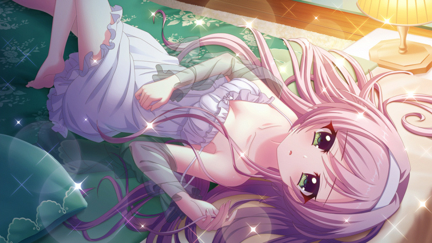 1girl barefoot breasts camisole cleavage collarbone detached_sleeves film_grain game_cg green_eyes hairband indoors izumi_tsubasu lamp lens_flare long_hair looking_at_viewer lying misaki_sango non-web_source official_art on_back on_bed parted_lips pillow purple_hair re:stage! see-through see-through_sleeves small_breasts solo sparkle strap_slip white_camisole white_hairband wooden_floor
