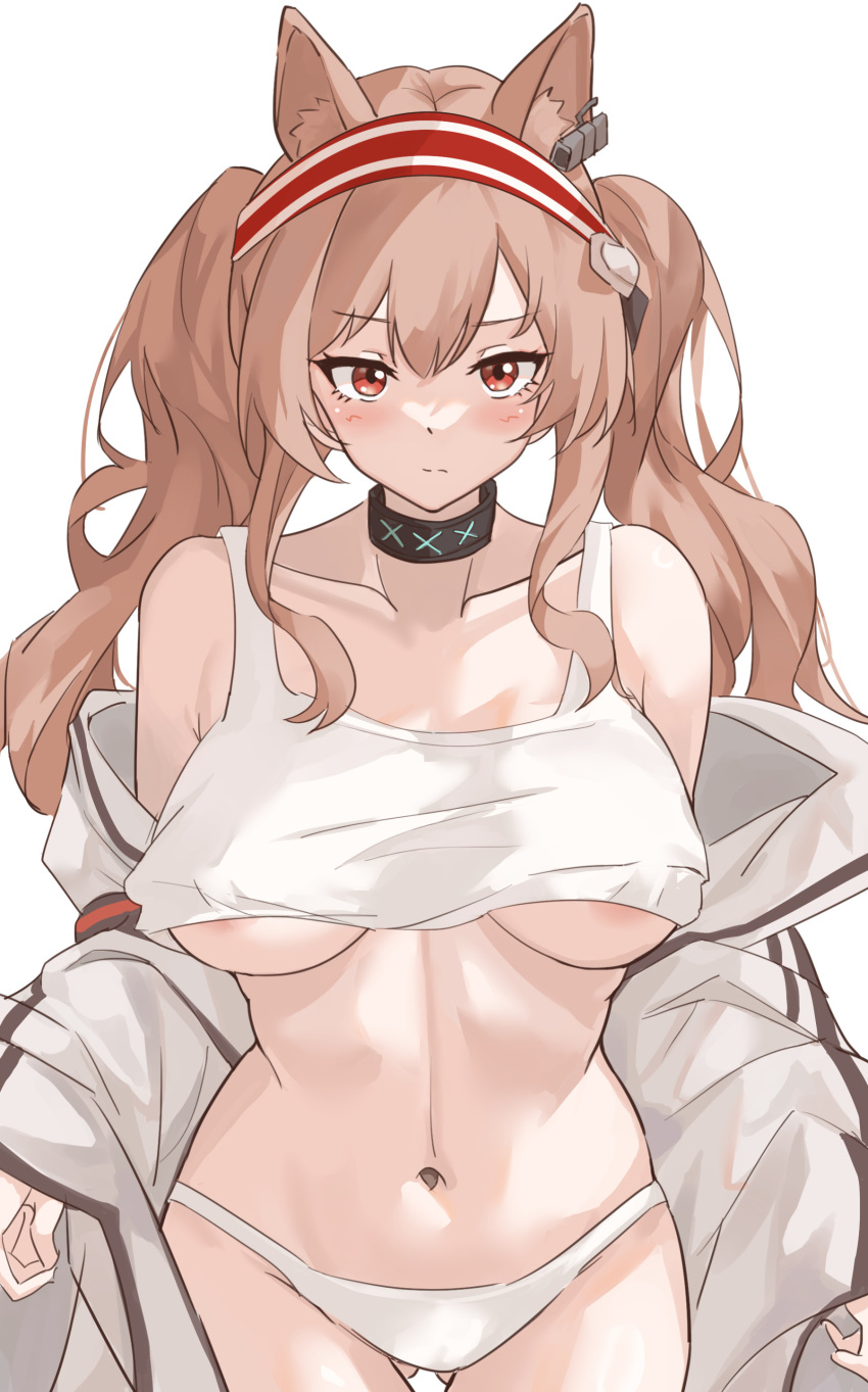 1girl absurdres angelina_(arknights) animal_ears areola_slip arknights ass_visible_through_thighs bare_shoulders black_choker blush breasts brown_hair choker commentary_request cowboy_shot crop_top fox_ears hairband highres infection_monitor_(arknights) jacket lolifreak long_hair long_sleeves looking_at_viewer midriff navel off_shoulder panties red_hairband simple_background solo standing stomach tank_top twintails underboob underwear very_long_hair white_background white_jacket white_panties white_tank_top