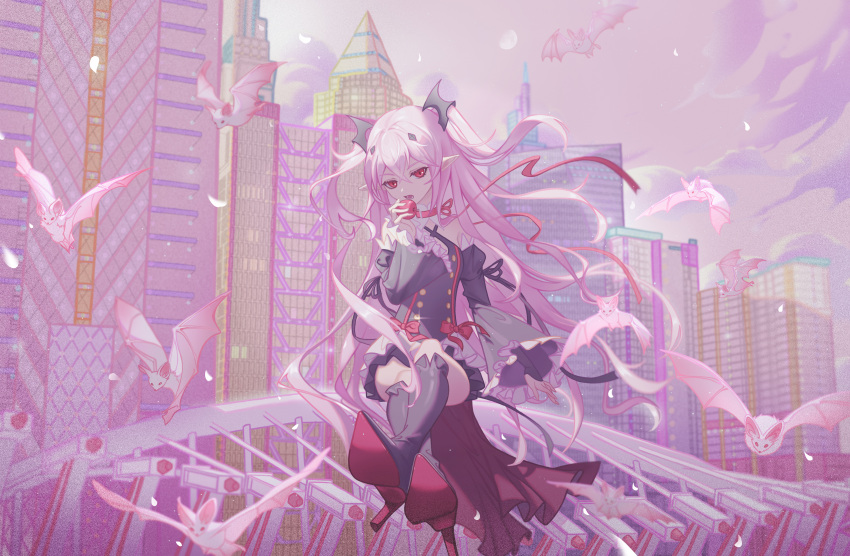 1girl absurdres bat_(animal) bat_hair_ornament black_dress black_ribbon building buttons cloud detached_sleeves dress fang food frills fruit hair_ornament high_heels highres holding holding_food holding_fruit krul_tepes long_hair looking_at_viewer moon owari_no_seraph pink_hair pointy_ears red_eyes red_ribbon ribbon rolling-ruffles sitting sleeveless sleeveless_dress solo two_side_up vampire