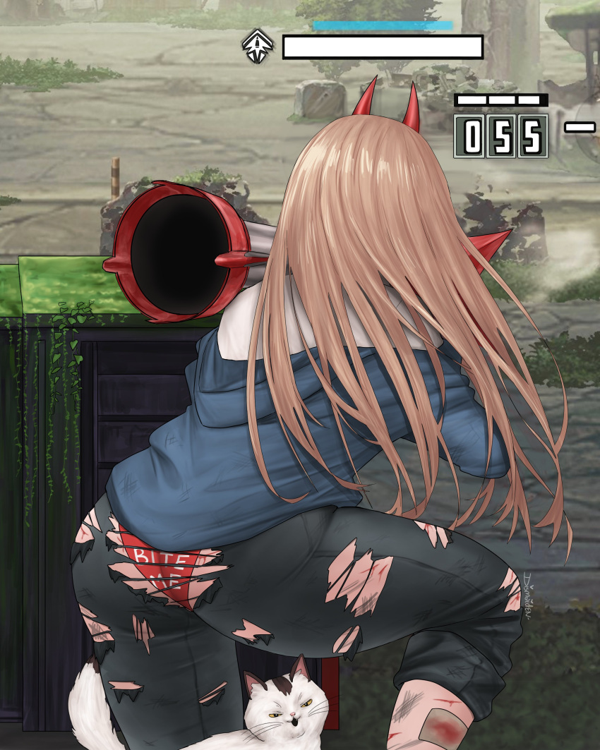 1girl absurdres ass black_pants blonde_hair blood blue_jacket cat chainsaw_man demon_girl demon_horns derivative_work dismaiden from_behind game_screenshot_background goddess_of_victory:_nikke highres holding holding_weapon horns injury jacket meowy_(chainsaw_man) outdoors panties pants power_(chainsaw_man) red_horns red_panties solo underwear user_interface weapon