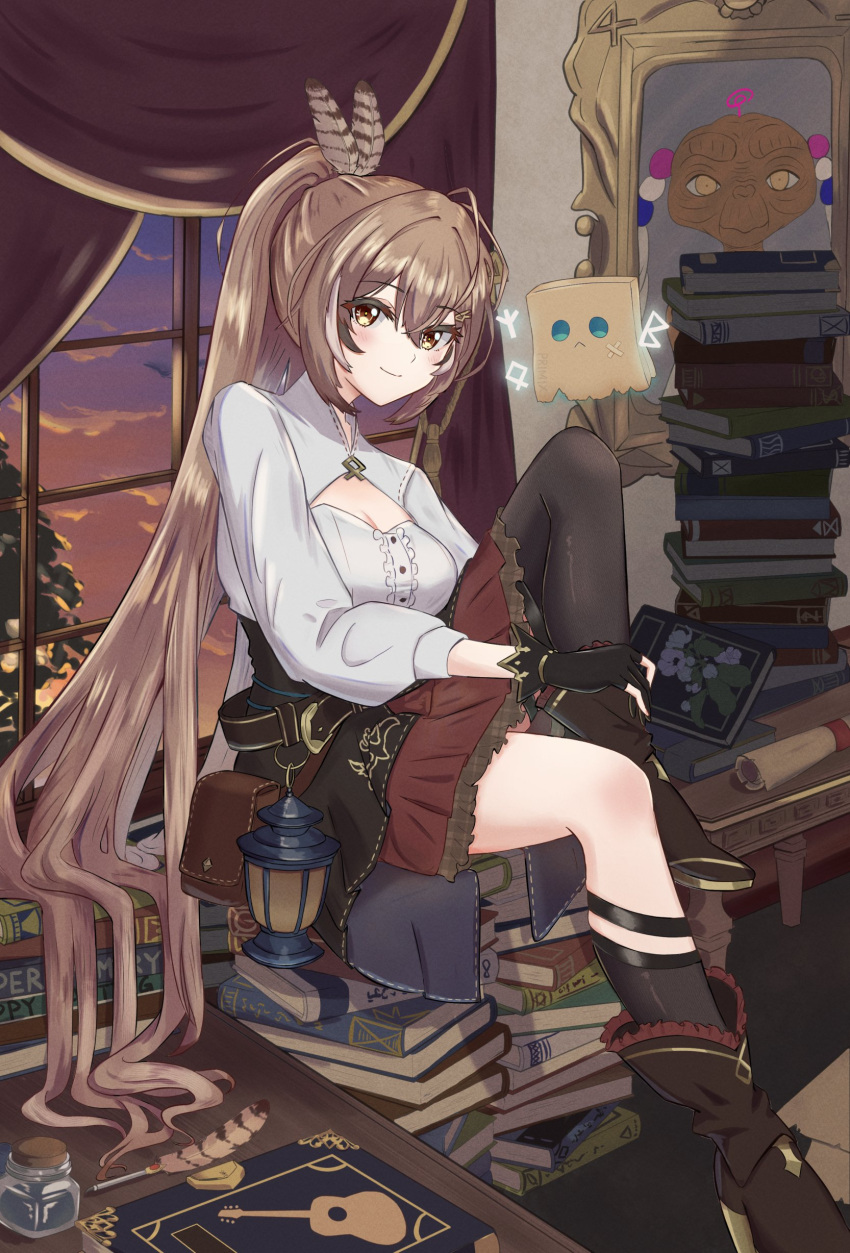 1girl absurdres acoustic_guitar ahoge ankle_boots asymmetrical_legwear belt book book_stack boots breasts brown_corset brown_eyes brown_hair chahanramen cleavage cleavage_cutout clothing_cutout cloud cloudy_sky corset crossed_bangs curtains e.t. et feather_hair_ornament feathers friend_(nanashi_mumei) gloves guitar hair_ornament hairclip highres hololive hololive_english hugging_own_legs indoors ink_bottle instrument knee_strap kneehighs lantern long_hair looking_at_viewer medium_breasts multicolored_hair nanashi_mumei nanashi_mumei's_horror_painting paper partially_fingerless_gloves picture_(object) picture_frame pleated_skirt ponytail pouch quill red_skirt runes scroll shirt single_kneehigh single_sock single_thighhigh sitting skirt sky smile socks streaked_hair table thighhighs tree tsukumo_sana twilight very_long_hair virtual_youtuber white_shirt window