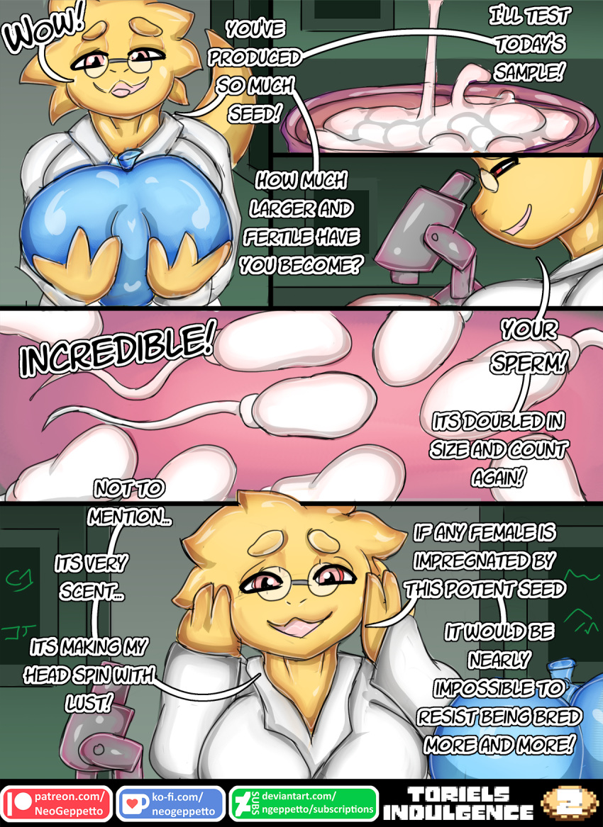 alphys anthro bodily_fluids breasts clothed clothing comic condom cum digital_media_(artwork) english_text eyewear female filled_condom genital_fluids glasses hi_res lizard neo_geppetto non-mammal_breasts overweight overweight_female reptile scalie sexual_barrier_device slightly_chubby solo tail text topwear undertale undertale_(series) yellow_body