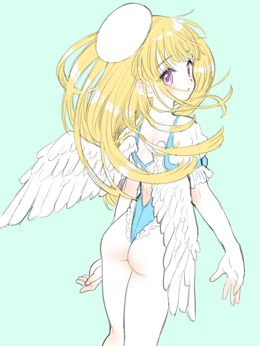 1girl amezawa_koma angel angel_wings aqua_background ass beret blonde_hair blue_leotard blush expressionless feathered_wings feet_out_of_frame floating_hair frilled_leotard frills from_behind hat highleg highleg_leotard highres leotard long_hair looking_at_viewer looking_back original pink_eyes simple_background solo white_headwear white_wings wings