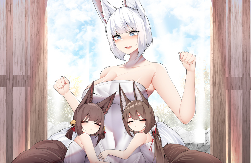 3girls :o @_@ absurdres akagi-chan_(azur_lane) amagi-chan_(azur_lane) animal_ears azur_lane bare_shoulders bell blue_eyes blush breasts brown_hair cleavage closed_eyes day eyeshadow facing_viewer flower fox_ears fox_girl fox_tail from_side girl_sandwich hair_bell hair_between_eyes hair_flower hair_ornament hands_up highres hug kaga_(azur_lane) kitsune large_breasts leaning_on_person long_hair looking_at_another looking_down makeup medium_hair multiple_girls multiple_tails naked_towel red_eyeshadow samip sandwiched short_hair surprised tail teeth towel upper_teeth_only very_long_hair white_flower white_hair