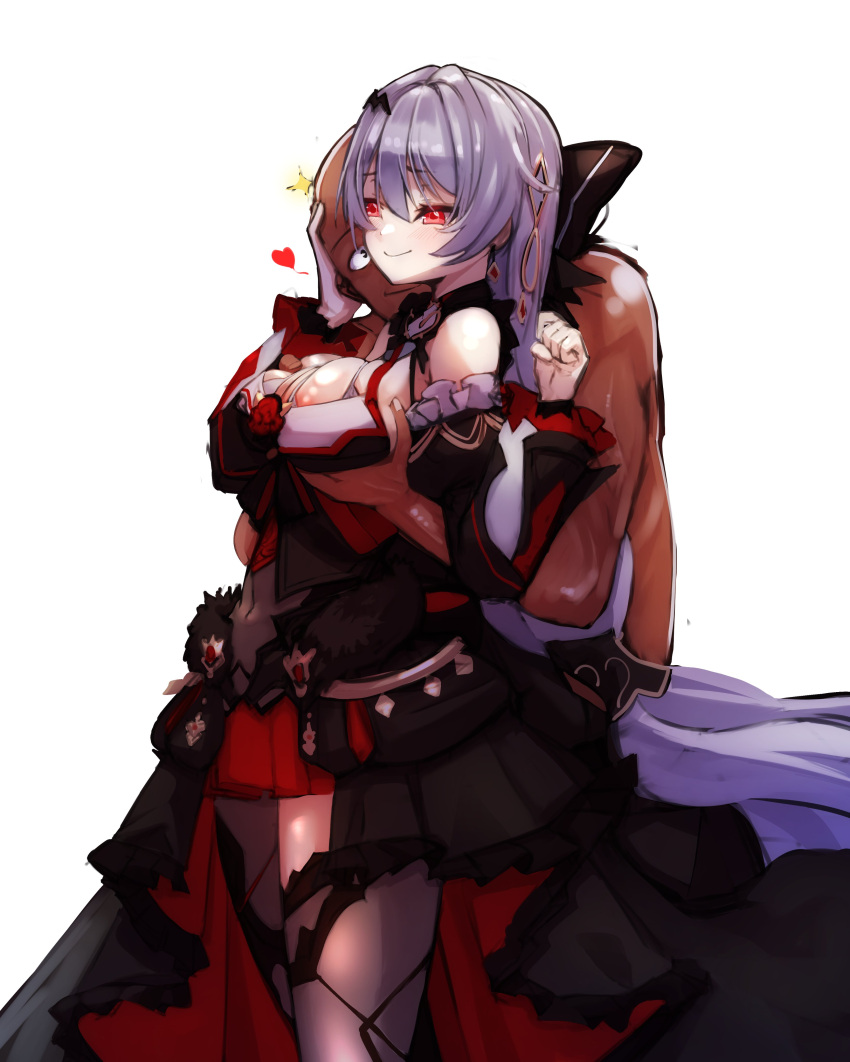 1boy 1girl absurdres bald bare_shoulders black_dress black_eyes black_sleeves black_thighhighs breasts captain_(honkai_impact) closed_mouth cream_bread dark-skinned_male dark_skin dress frilled_sleeves frills grabbing grabbing_another's_breast grabbing_from_behind heart hetero highres honkai_(series) honkai_impact_3rd large_breasts lolita_fashion long_hair looking_at_another nipple_slip nipples red_eyes simple_background smile theresa_apocalypse thighhighs very_long_hair white_background white_hair