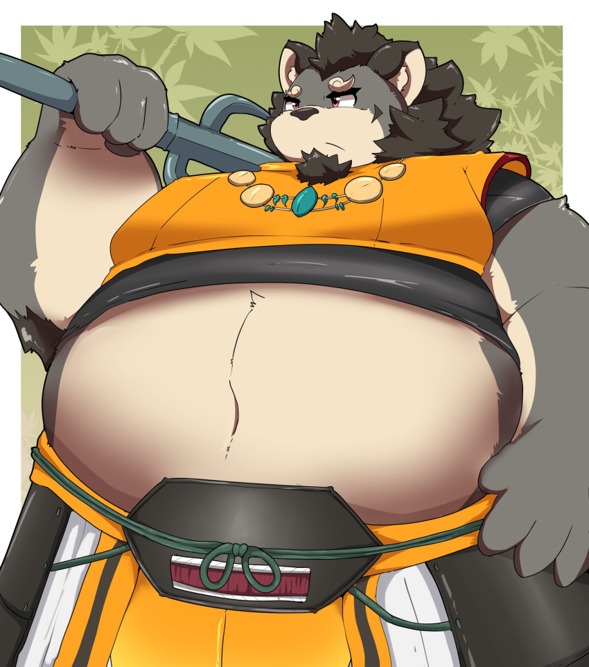 2023 anthro belly big_belly canid canine canis clothed clothing hi_res humanoid_hands kemono kusosensei male mammal obese obese_male overweight overweight_male solo tamacolle weapon wolf yamato_(tamacolle)