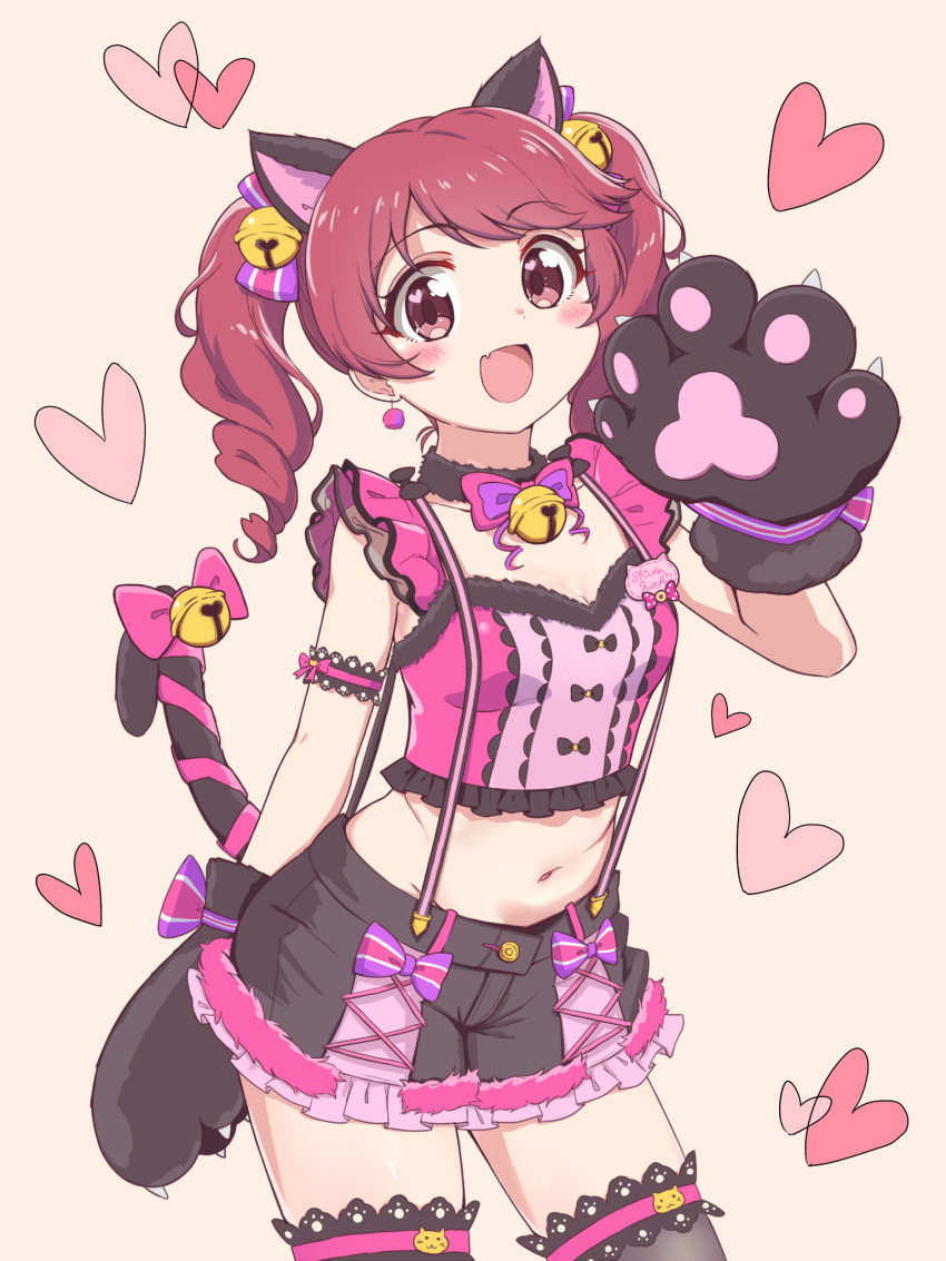 1girl animal_ears animal_hands arm_garter bell breasts cat_ears cat_paws cat_tail collarbone cowboy_shot drill_hair fake_animal_ears fake_tail fang fur-trimmed_collar fur_trim hair_bell hair_ornament hand_up heart highres idolmaster idolmaster_cinderella_girls idolmaster_cinderella_girls_starlight_stage looking_at_viewer navel neck_bell open_mouth red_eyes red_hair shiina_noriko shorts skin_fang small_breasts solo standing suspender_shorts suspenders tail tail_bell tail_ornament tatsuya_(tatuya031200) thighhighs twin_drills