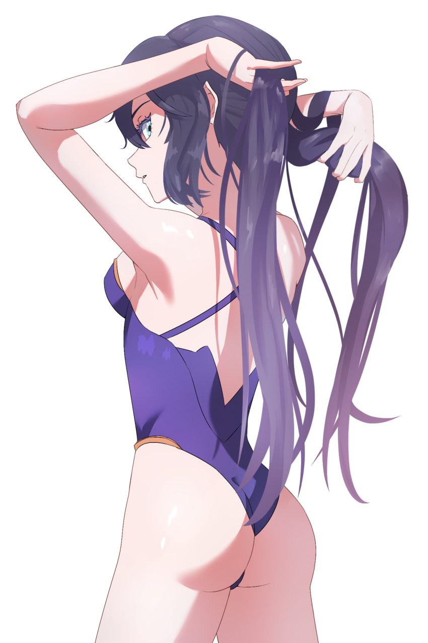 1girl absurdres ageragera alternate_costume arms_up ass black_hair breasts cowboy_shot from_behind genshin_impact green_eyes hands_in_hair highres long_hair looking_at_viewer looking_back mona_(genshin_impact) one-piece_swimsuit parted_lips purple_hair purple_one-piece_swimsuit simple_background small_breasts solo swimsuit twintails very_long_hair white_background