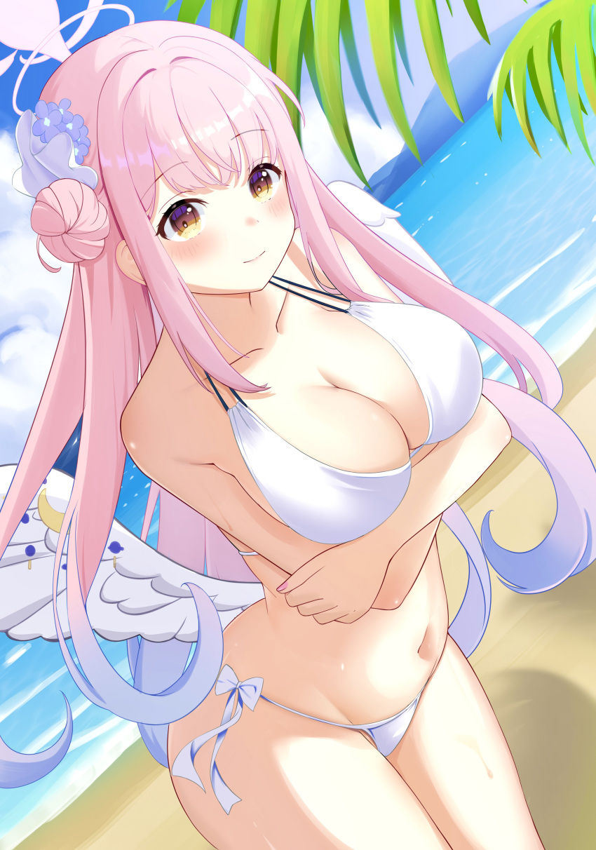 1girl absurdres alternate_costume arms_under_breasts beach bikini blue_archive blush breasts cleavage collarbone feathered_wings groin hair_bun halo halterneck highres large_breasts mika_(blue_archive) natsuha_(user_nmtg3357) navel outdoors pink_hair side-tie_bikini_bottom single_side_bun smile solo stomach swimsuit white_bikini white_wings wings