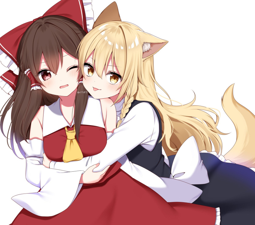 2girls :p animal_ear_fluff animal_ears arms_around_waist ascot bare_shoulders blonde_hair blush bow braid breasts brown_hair detached_sleeves dress eyes_visible_through_hair frilled_bow frilled_dress frilled_hair_tubes frills hair_between_eyes hair_bow hair_tubes hakurei_reimu highres hug kemonomimi_mode kirisame_marisa long_hair long_sleeves looking_at_viewer medium_breasts multiple_girls nontraditional_miko one_eye_closed open_mouth red_bow red_eyes red_skirt shinonome_asu sidelocks simple_background single_braid skirt smile tail tongue tongue_out touhou white_background yellow_ascot yellow_eyes yuri