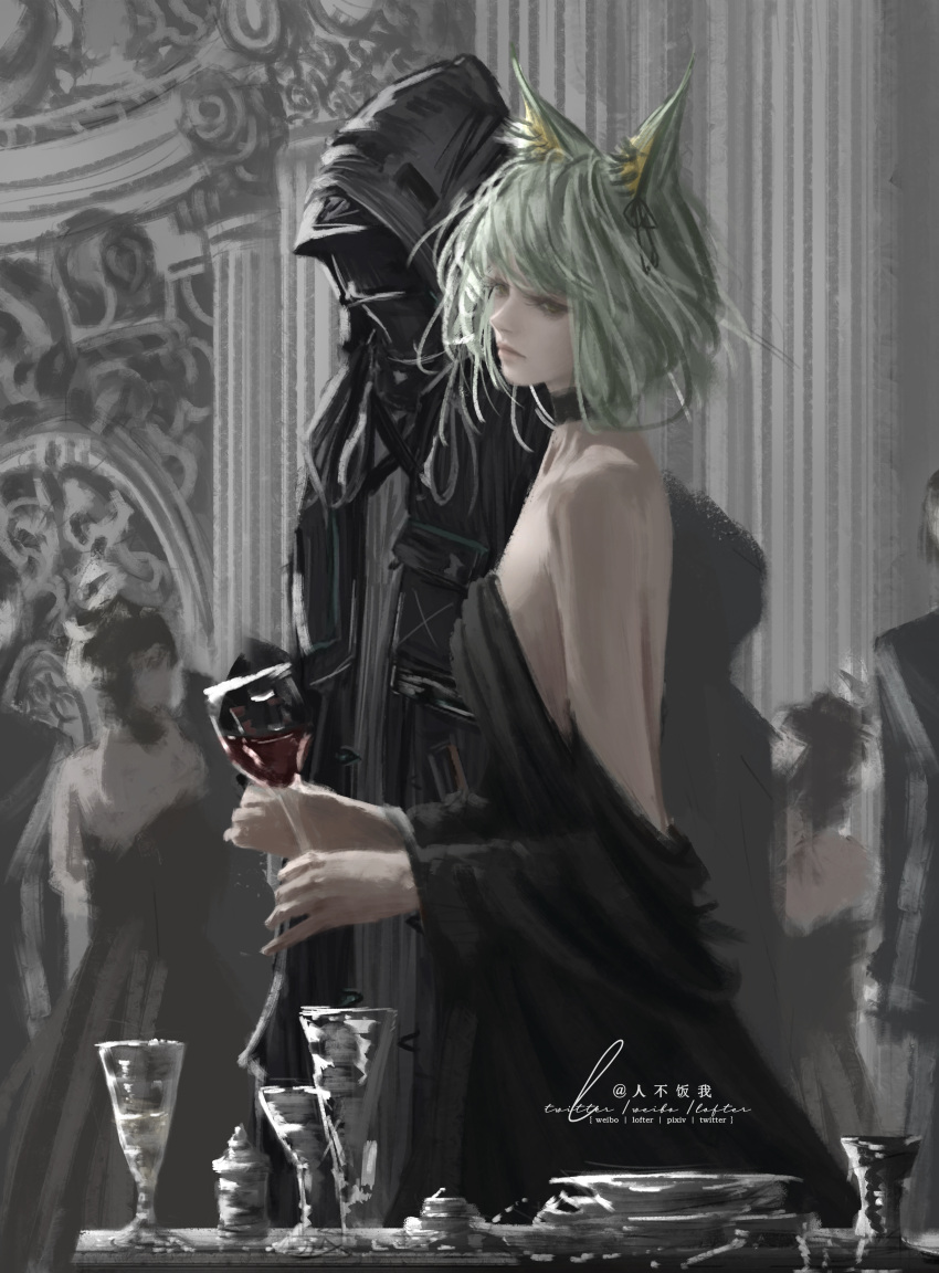 1boy 1girl absurdres animal_ear_fluff animal_ears arknights artist_name bare_arms bare_back bare_shoulders black_coat black_dress black_hood black_jacket black_shirt blonde_hair breasts choker coat cocktail_dress collarbone commentary company_connection crossover cup doctor_(arknights) dress drinking_glass english_commentary fengbuxiao green_hair hat head_tilt highres holding holding_cup hood hooded_coat hooded_jacket impasto indoors jacket kal'tsit_(arknights) lofter_username looking_to_the_side lynx_ears lynx_girl medium_breasts medium_hair military_uniform multiple_girls naval_uniform off-shoulder_dress off_shoulder people pixiv_username plate ribbon-trimmed_hood shirt signature standing strapless strapless_dress swept_bangs sword symbol-only_commentary twitter_username uniform weapon weibo_username wine_glass yostar