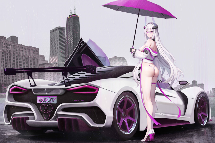 1girl absurdres ass azur_lane bare_shoulders breasts building car city closed_mouth cloud cloudy_sky commentary cropped_jacket full_body gloves hair_between_eyes half_gloves high_heels highres holding holding_umbrella horns jacket kcar66t kearsarge_(azur_lane) large_breasts leotard location_request long_hair looking_at_viewer mechanical_horns motor_vehicle off_shoulder outdoors purple_eyes race_queen rain real_world_location scissor_doors sidelocks sky skyscraper solo standing thong_leotard umbrella vehicle_focus vehicle_request very_long_hair white_footwear white_hair white_jacket white_leotard
